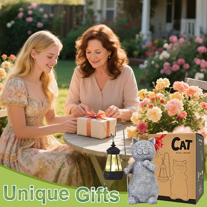Qeeman Solar Cat for Garden Decor: Weatherproof Resin Statues with Lantern for Outdoor Outside Yard Pathway Patio Porch Balcony Decorations - Gifts for Mom Grandma Cat Lovers