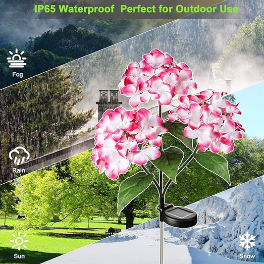 Solar Flower Lights - 2 Pack Waterproof Garden Lights with Solar Hydrangea Stake, Decorative for Patio, Courtyard, Garden Lawn (Blue & Rose Red)
