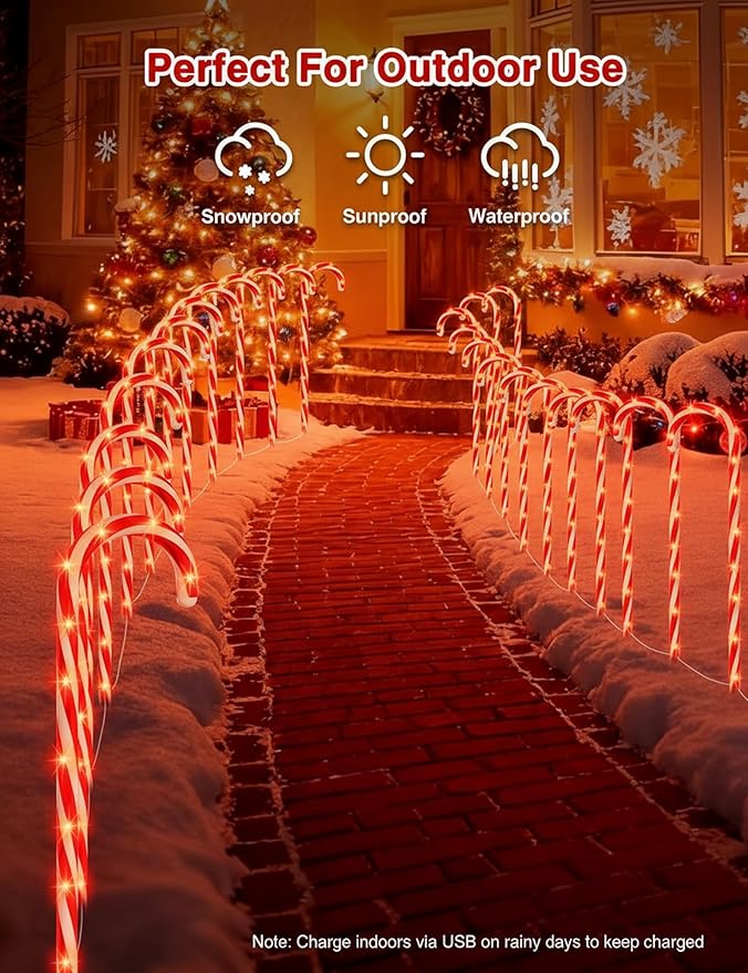 COOLWUFAN 24 Pack 28" Solar Candy Cane Path Lights Christmas Decorations, 4 Brightness Levels 264 Bright LEDs | Lumora