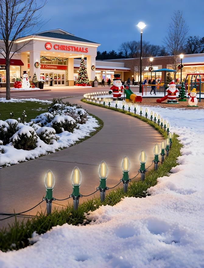38FT C9 LED Christmas Pathway Lights,25 Warm White Connectable Weatherproof LED Christmas Walkway Lights with C9 Bulbs and Stakes for Driveway Yard Lawn Sidewalk Xmas Decoration