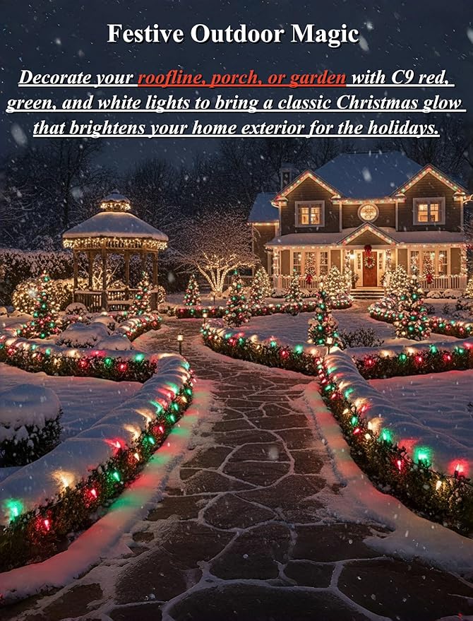 25Ft Red White and Green Christmas Lights,C9 Outdoor Christmas Lights with 26 Incandescent Bulbs(1 Spare),Extendable C9 String Lights Green Wire for Tree Xmas Roofline