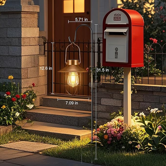 pearlstar 2 Pack Solar Lights Outdoor, Hanging Solar Lanterns with Edison Bulb and 2 x 32 Inch Shepherd Hooks | Lumora