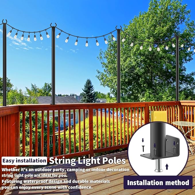 LETIANPAI 6 Pack String Light Poles,5 Ft Metal Poles with Fence Bracket for Outdoor String Lights,Outdoor Light | Lumora