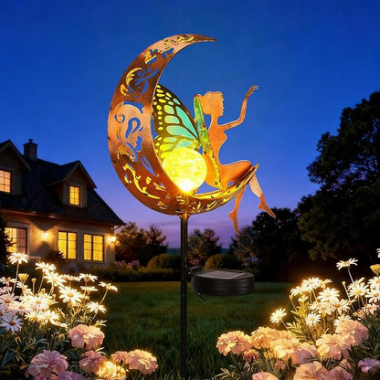 Tremdwoto Solar Garden Lights Outdoor, Metal Fairy Butterfly & Moon Decor - Cracked Glass Solar Stake with Gradient Wings, Gift for Mother's Day, Housewarming, Patio, Yard & Pathway Decorations
