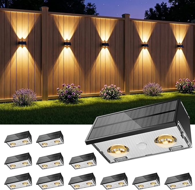 Bridika Solar Fence Lights, 12 Pack Up and Down Solar Lights Outdoor Waterproof, 8 Colors Lens LED Dusk to Dawn Wall Lights for Fence, Patio, Deck, Backyard, Garden
