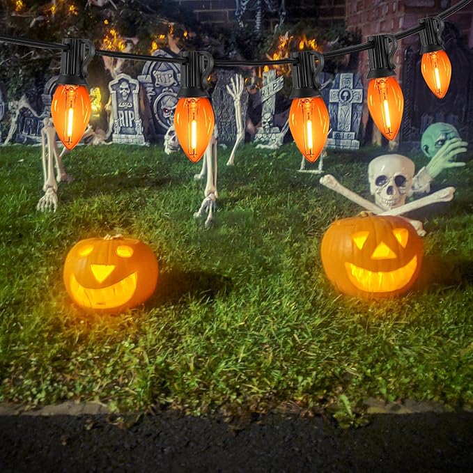 12FT Orange Halloween Lights Outdoor, C7 LED String Lights Plug in with Black Wire for Patio, Porch Railing | Lumora
