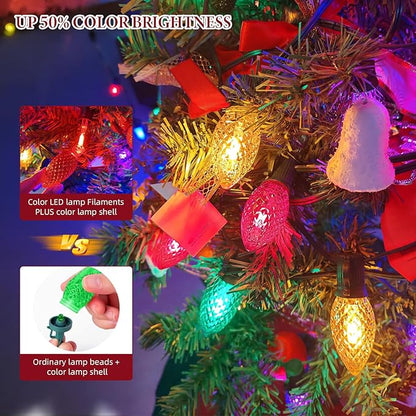 Kawaya Outdoor Christmas String Lights: C9 LED faceted Tree Lights, 50FT 50 Bulbs Multi Colored Indoor Decorations Lights, IP65 Commercial Waterproof Xmas Lights for Outside Roof House Walkway Pathway