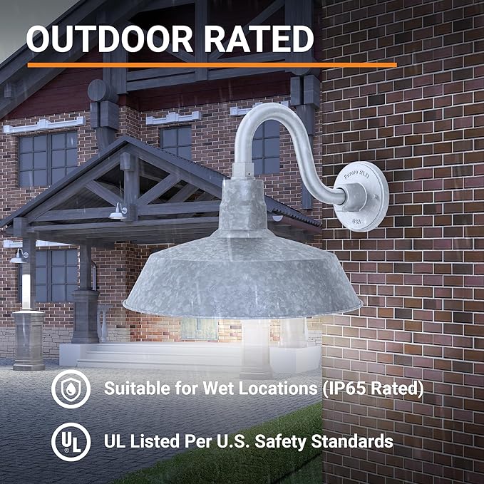 14in. Galvanized Finish Outdoor Gooseneck Barn Light Fixture with 10in. Long Extension Arm - Wall Sconce Farmhouse | Lumora