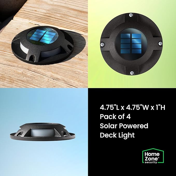 Home Zone Security 4 Packs Solar Deck Light Outdoor 40 Lumens Total Waterproof Weather Resistant, Auto On Sensor | Lumora