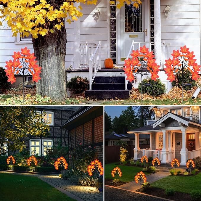 Fall Solar Lights Outdoor, Solar Powered Fall Stake Lights with 20 Maple Leaf and 20 Pumpkin for Yard, Patio, Lawn, Garden, House, Home Outside Thanksgiving Harvest Decorations(2 Pack)