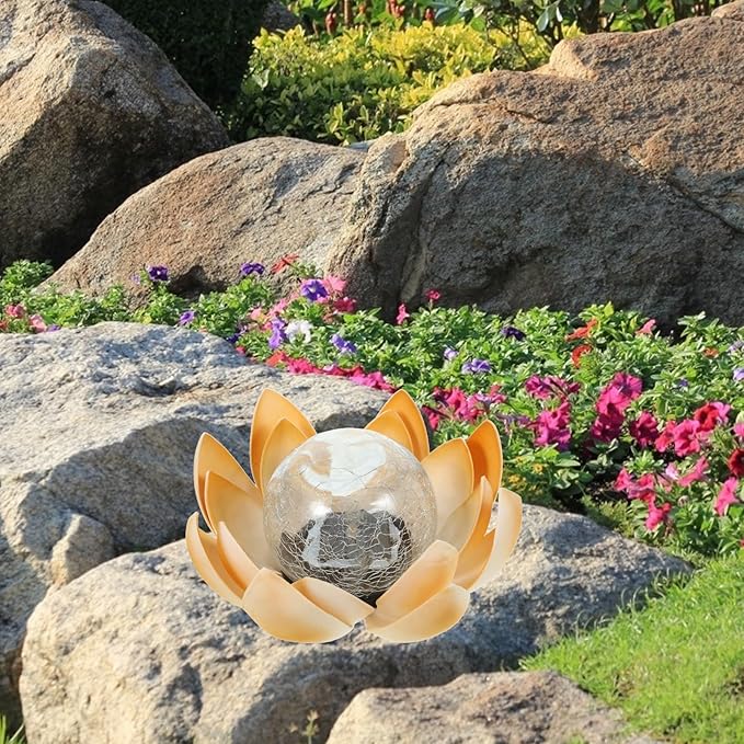 Veemoon Solar Powered Lotus Ground Lamp Yellow, Outdoor Garden Crackle Glass Path Light, Decorative Solar Lawn Light for Patio and Yard