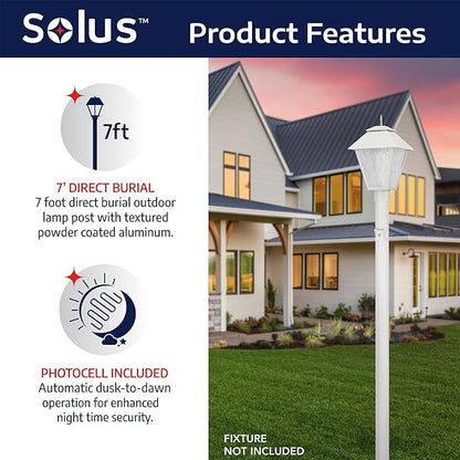 Solus 7-Foot Direct Burial Lamp Post – Aluminum Outdoor Light Pole with Dusk-to-Dawn Sensor – Fits 3" Fixtures – Black, Bronze, or White – Made in USA (White, Set of 4)