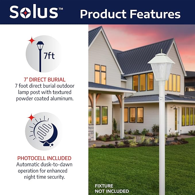 Solus 7-Foot Direct Burial Lamp Post – Aluminum Outdoor Light Pole with Dusk-to-Dawn Sensor – Fits 3" Fixtures – | Lumora