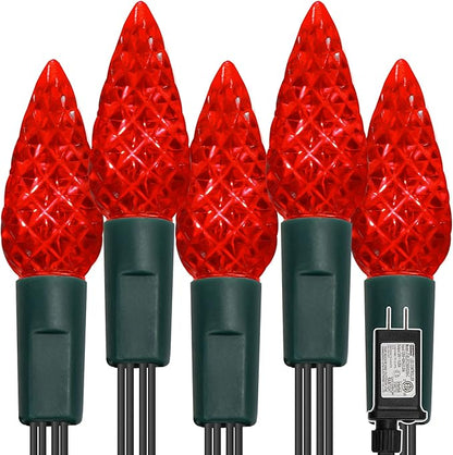 WATERGLIDE C6 Valentines Lights, 33ft 100 LED Faceted String Lights Green Wire Christmas Fairy Lights with 29V Adaptor, 8 Lighting Mode, Waterproof for Indoor Outdoor Patio Xmas Tree Party Decor, Red