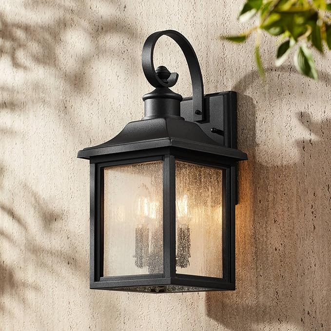John Timberland Moray Bay Industrial Outdoor Wall Light Fixture Black Steel 17 3/4" Clear Seedy Glass Lantern for Exterior House Porch Patio Outside Deck Garage Yard Front Door Garden Home
