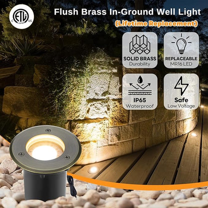 Gardenreet Landscape Well Light - Brass Waterproof Outdoor Ip65 In-Ground Lighting, Wired 12V LED Low Voltage Fixture, Antique Bronze for Lawn Wall Walkway Without MR16 Bulb