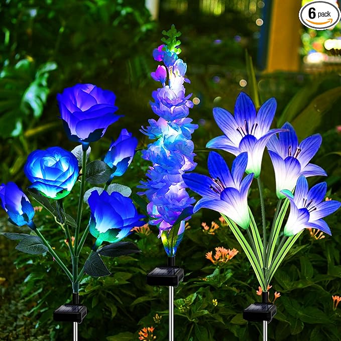 Solar Garden Lights, 6 Pack Solar Flowers Lights with Lily Rose Delphinium, Waterproof Gardening Gifts for Mom Grandma Women,Multi-Color Changing Outdoor Light for Garden Yard Patio Lawn