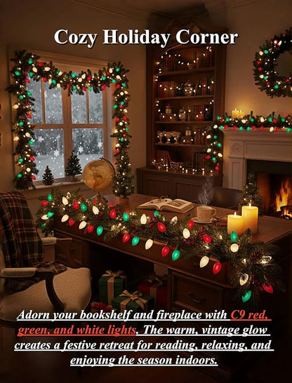 25Ft Red White and Green Christmas Lights,C9 Outdoor Christmas Lights with 26 Incandescent Bulbs(1 Spare),Extendable C9 String Lights Green Wire for Tree Xmas Roofline