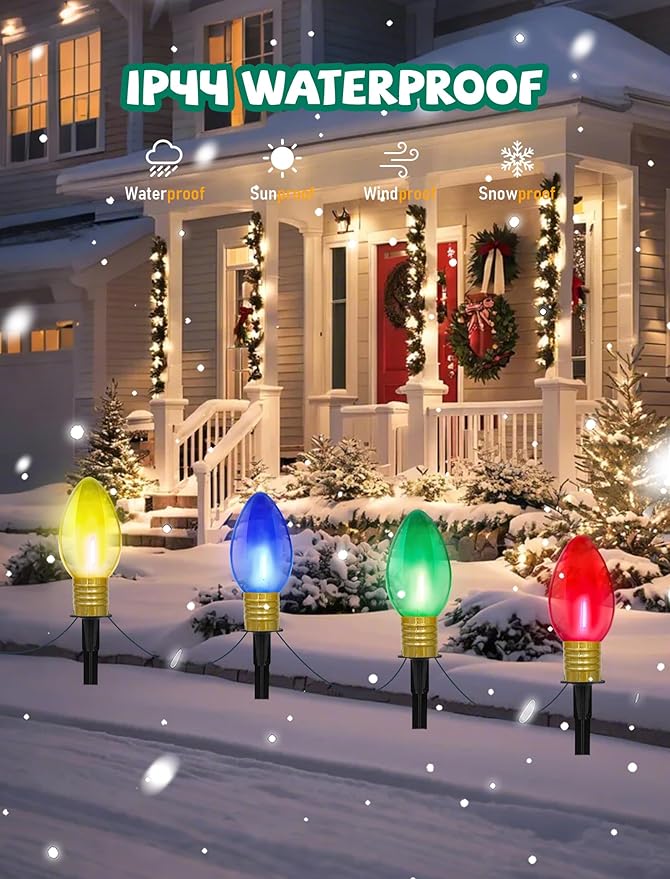 C9 Outdoor Christmas Pathway Lights, Set of 4 Outdoor Lawn Christmas Lights with C9 Clear Multicolored Jumbo LED | Lumora