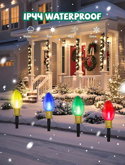 C9 Outdoor Christmas Pathway Lights, Set of 4 Outdoor Lawn Christmas Lights with C9 Clear Multicolored Jumbo LED Bulbs, 7Ft Connectable Marker Stake Lights for Holiday Outside Yard Garden Decor