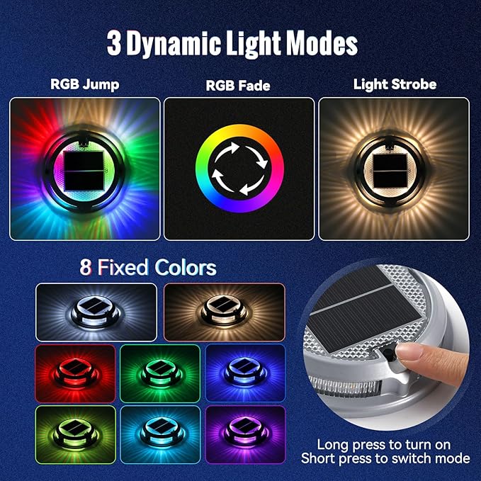 Solar Driveway Lights Outdoor 12 Pack, RGB Colors Solar Deck Dock Lights Outdoor Waterproof IP68, 3 Dynamic Light Modes Driveway Marker for Warning Stair, Boat Dock, Step, Walkway, Garden Decor