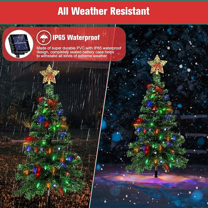 Solar Christmas Trees Lights Outdoor, Solar Powered Xmas Trees Stake Outside Waterproof 3.6FT with 100 LEDs and 8 Modes for Yard Pathway Garden Grave Cemetery Decorations (2 in 1)