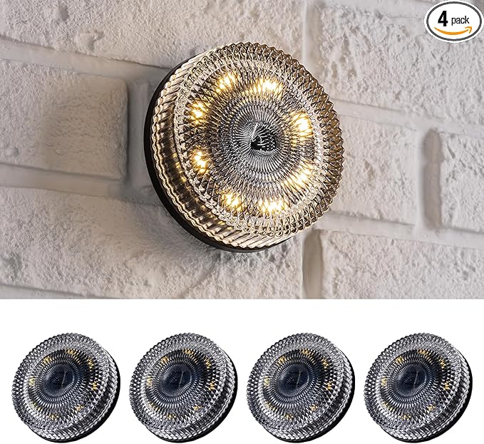Glass Solar Deck Lights with Crystal Style, Modular-Design Waterproof Outdoor Fence Lights for Stairs Step Yard Patio Garden Wall Pathway, Decorative Patio Table Lighting, Warm White (4 Pack)