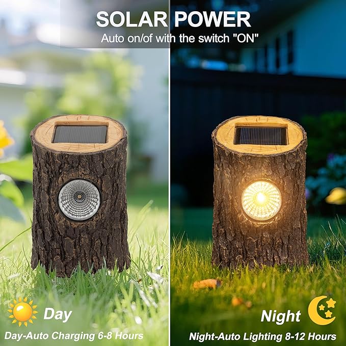 2 Pack Solar Tree Stump Lights Outdoor, Waterproof Solar Spot Garden Lights, Auto On/Off Warm LED Decorative Landscape Lighting for Yard Lawn Patio Pathway Walkway