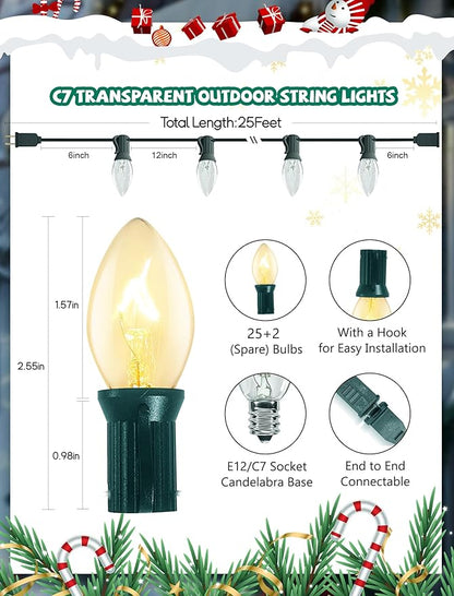 Abeja C7 Clear Christmas Lights Warm White, 25Ft Outdoor Incandescent String Lights with 27 Bulbs(2 Spare), Green Wire Connectable Vintage Decor Light for Patio, Christmas Party, House