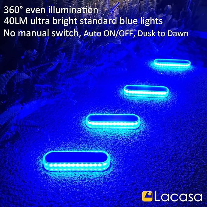 Lacasa Solar Dock Lights Marine 4-Pack - Solar Powered Blue LED Deck & Step Lights, IP68 Waterproof for Patio, Walkway, Pathway, Backyard