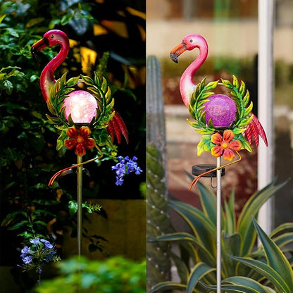 Solar Globe Lights for Garden Decoration,40.9 Inch Flamingo Front Porch Decor with Cracked Glass Puck Light for Outside Patio Pathway Yard Decoration