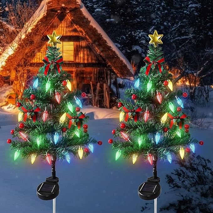 Solar Christmas Tree Lights Holiday Decorations, 29.5" Christmas Lights Outdoor Waterproof with 20 LED, Pathway Christmas Lights for Courtyards, Gardens, Lawns, Small Path Lights (Style-C, 2 Item)