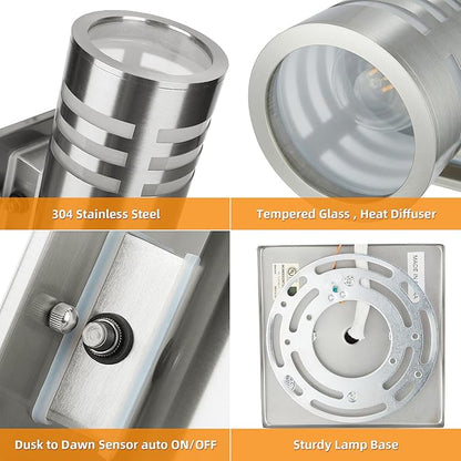 2 Pack Dusk to Dawn Sensor Outdoor Wall Sconce, Anti-Rust Waterproof Up Down Wall Mount Lights with Stainless Steel 304 for Porch Patio Garage Doorway (8.7" Height, UL Listed, No Bulbs)