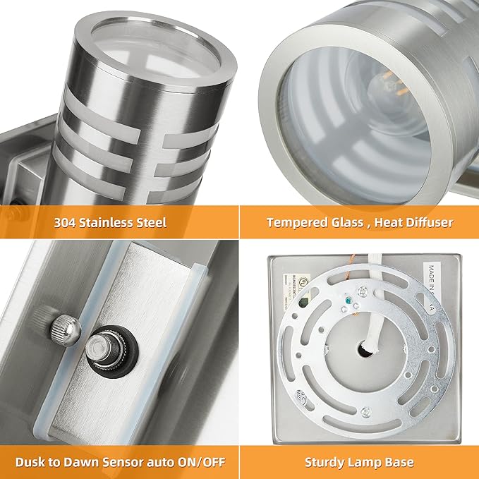 Outdoor Wall Lights, Exterior Dusk to Dawn Sensor Wall Lanterns, Stainless Steel Front Door Lights with E26 Base | Lumora
