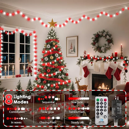 43FT 100LED Connectable Christmas Globe String Lights Indoor Outdoor - Red and White Fairy Lights Plug in with Remote & 8 Modes, Twinkle Light for Christmas Decorations Bedroom Room Tree Party