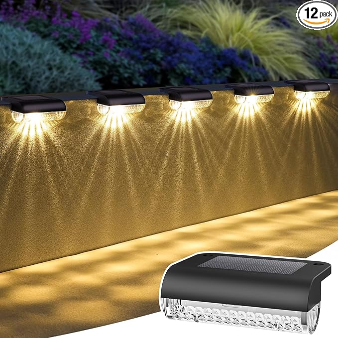 Solar Step Lights Outdoor, 12-Pack Solar Deck Lights for Stairs, Solar Fence Lights 3000K Warm White, Dusk-to-Dawn Auto On/Off, Weather Resistant Step Lights, Screws or Adhesive Mount
