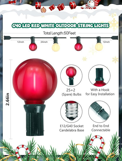 Abeja G40 Globe Patio String Light, 50Ft G40 Red White String Lights with 27 G40 LED Bulbs(2 Spare), Hanging Patio Globe String Light for Christmas Garden Holiday Party Decor-Green Line