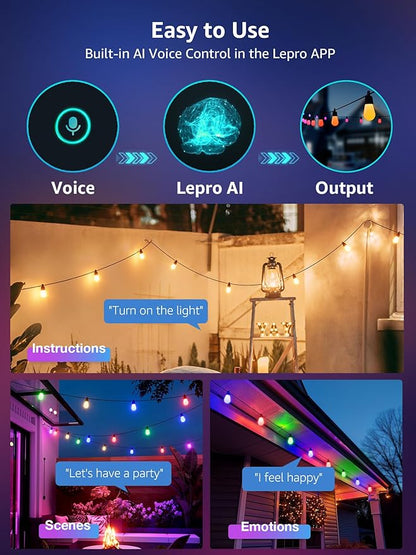 Lepro ZB1 AI Smart Outdoor String Lights APP Control, 100(88+12) ft RGB+IC+Warm White Outdoor Light 30 LED Bulbs, NOT Extendable, Alexa Google Enabled, Music Sync, NO Remote, 2.4 GHz WiFi+Bluetooth