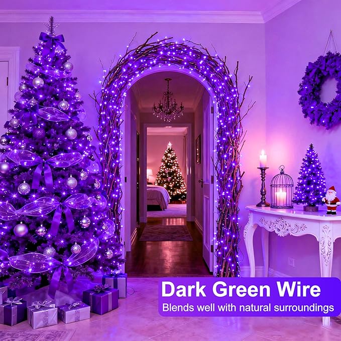 Purple Christmas Lights Outdoor, 100FT 300 LED Christmas String Lights with 8 Modes Waterproof, Plug in Green Wire Twinkle Tree Light for Indoor House Patio Garden Party Decorations