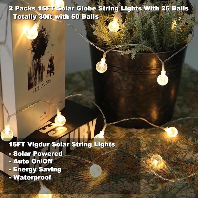 Vigdur Solar String Lights Outdoor, 2 Packs 15ft Globe String Lights with 50 Globes Bulbs, IP65 Waterproof Solar Powered Patio Lights for Garden Yard Porch Wedding Party Decor