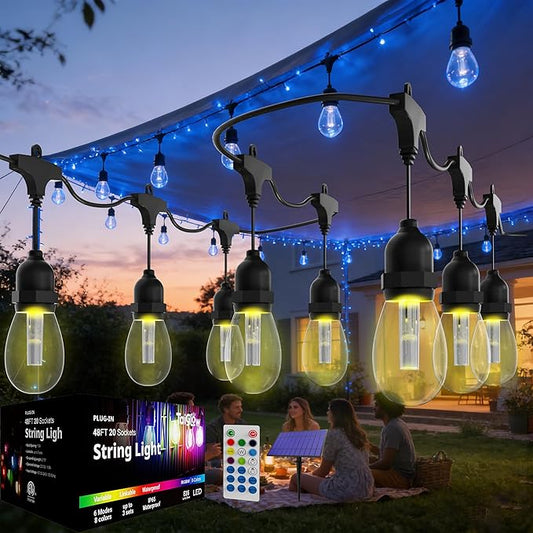 Solar Outdoor String Lights Waterproof - 24FT Color Changing Led Outside Patio Light with 12 Bulbs, Remote Control RGBW Outside Lights for House Yard Party Balcony Bistro Backyard Decor