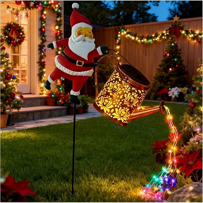 Christmas Solar Kettle Lights Garden Lawn Decorative Lights, Hanging Metal Solar Santa Claus Watering Can with LED Light, Instant Decor, Home Christmas Decorations for Outdoor Garden Lawn (RGB)