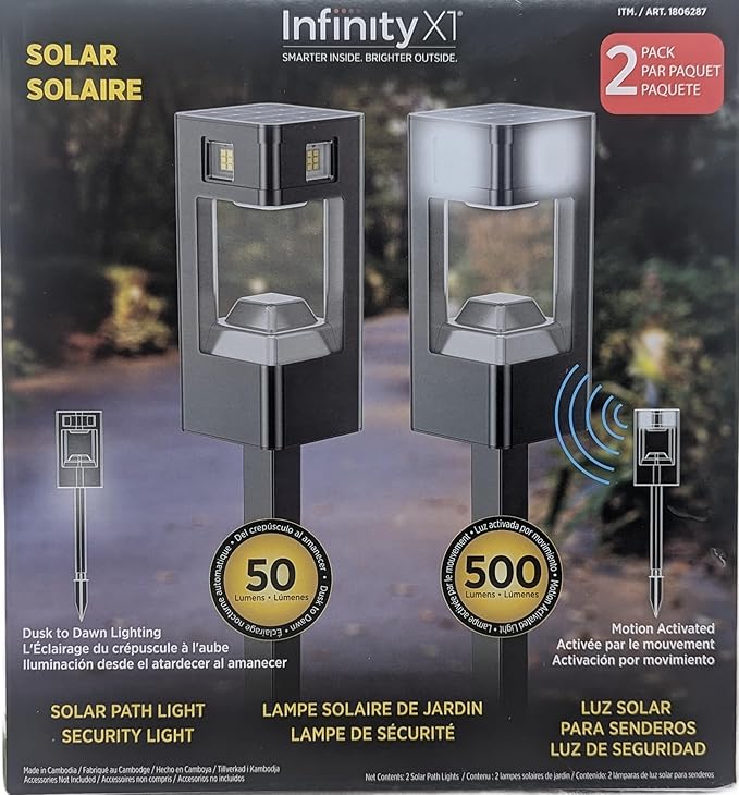 Infinity X1 Solar Path & Motion Security Lights (2-Pack) – 500 Lumens Motion Activated, 50 Lumens Dusk-to-Dawn | Lumora