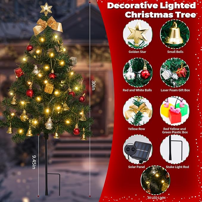 2 Pack Solar Mini Christmas Tree Decorations Lights, 30 Inch 8 Flashing Modes Waterproof Xmas Decor, 60 LED Lights with Ornaments 6 Lighted Gift Boxes for Porch Pathway Yard Garden (Warm White)