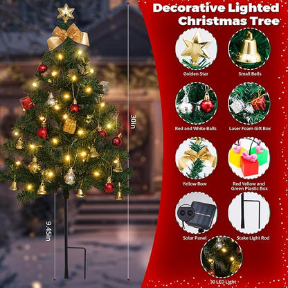 2 Pack Solar Mini Christmas Tree Decorations Lights, 30 Inch 8 Flashing Modes Waterproof Xmas Decor, 60 LED Lights with Ornaments 6 Lighted Gift Boxes for Porch Pathway Yard Garden (Warm White)