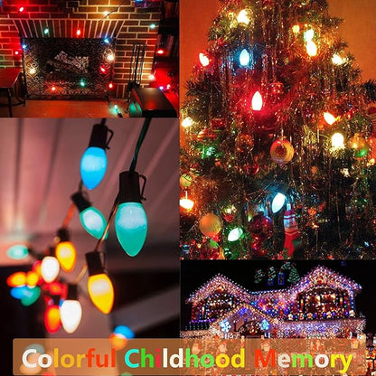 SUNSGNE 25Ft Christmas Lights Outdoor, C7 Vintage Christmas Lights with 27 Multicolor Ceramic Glass Bulbs(2 Spare) for Holidays Patio Garden Party Wedding Decor, Green Wire