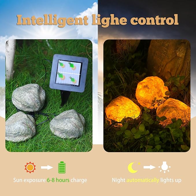 LIYAOLI Solar Rock Lights 8-Pack | Auto-Dimming & 8H Runtime | IP44 Waterproof Landscape Lighting for Garden/Pathway/Lawn (Rock - 8 Pack)