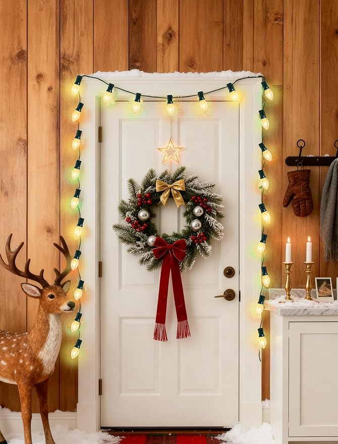 Abeja C7 Clear Christmas Lights Warm White, 25Ft Outdoor Incandescent String Lights with 27 Bulbs(2 Spare), Green Wire Connectable Vintage Decor Light for Patio, Christmas Party, House