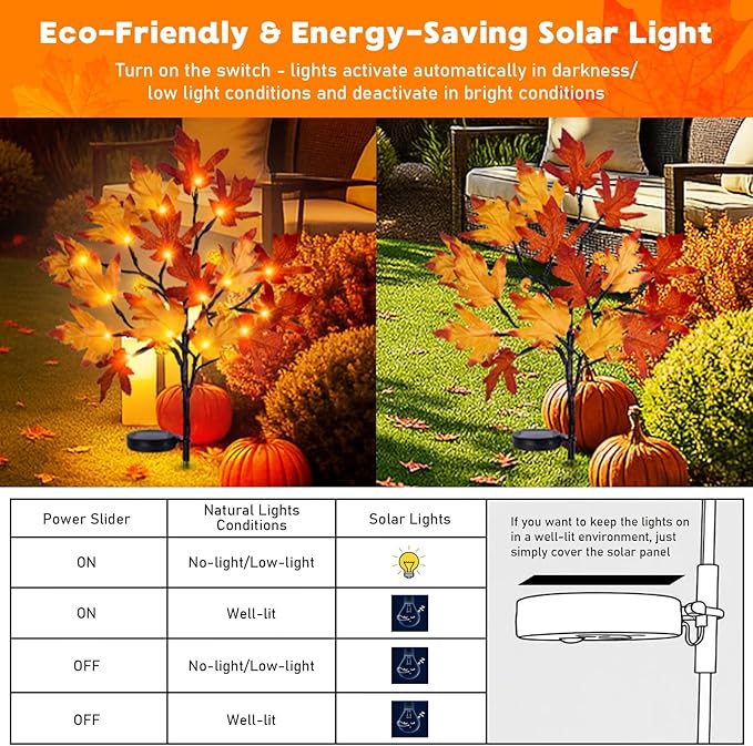 Fall Solar Pathway Lights 2PCS, Autumn Outdoor Harvest Decorations, Waterproof Maple Leaves Lights for Lawn Yard Garden Patio Walkway Driveway Porch Landscape Lighting Auto On/Off
