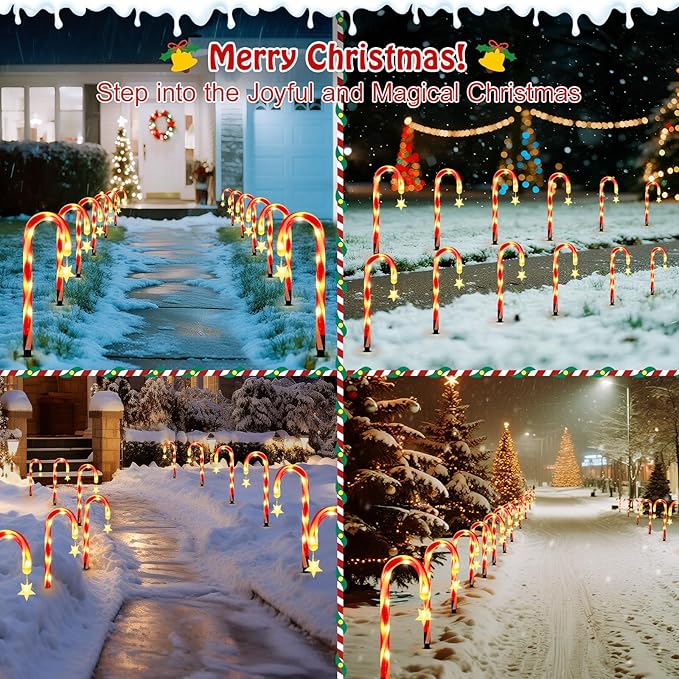 Lewondr 15" Solar Christmas Candy Cane Lights Outdoor, Pathway Stake Lights with 2 Modes, 216 LED Beads, Waterproof | Lumora